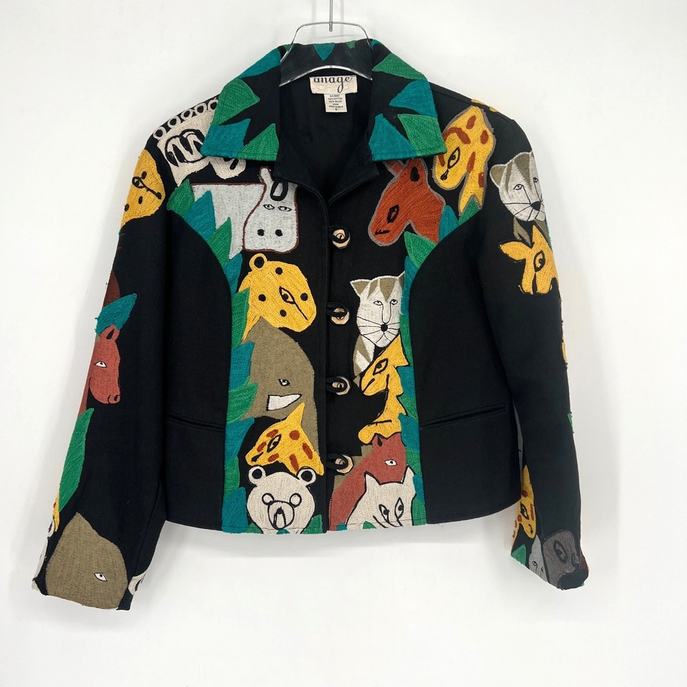 Anage Jacket Womens S‎ Animal Safari Embroidered Artsy Jungle Nature Zoo